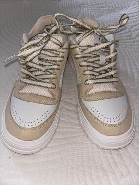 Armani Exchange Beige and White Women's Sneakers with Gold-Thread Laces